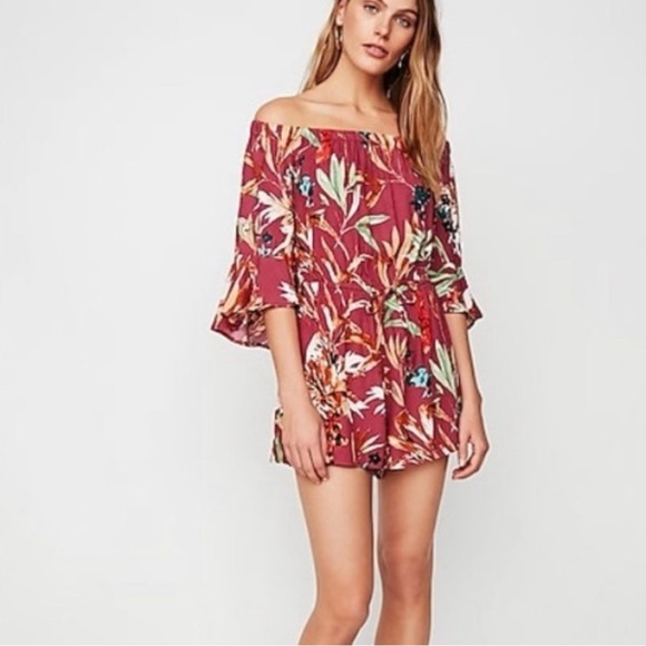 NWT Express Romper Floral Hawaiian Resort Beach Tropical Off Shoulder Size XL - Picture 8 of 9
